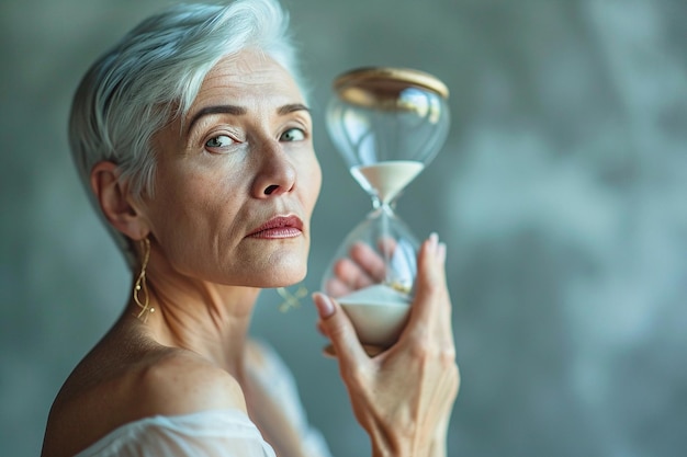 Zdjęcie stara kobieta trzymająca zegar piaskowy koncepcja starzenia się strach przed upływem czasu chronofobia zdrowie psychiczne w starości depresja u osób starszych kobieta cykl życia menopauza przepływ życia piękno nie ma wieku