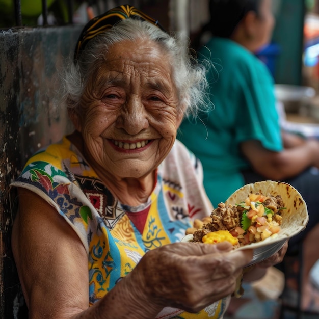 Stara kobieta uśmiecha się do kamery podczas jedzenia meksykańskiego taco na ulicy
