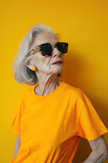 Stara kobieta w jasnej koszulce i okularach przeciwsłonecznych