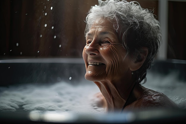 Stara kobieta w wannie śmieje się w wodzie
