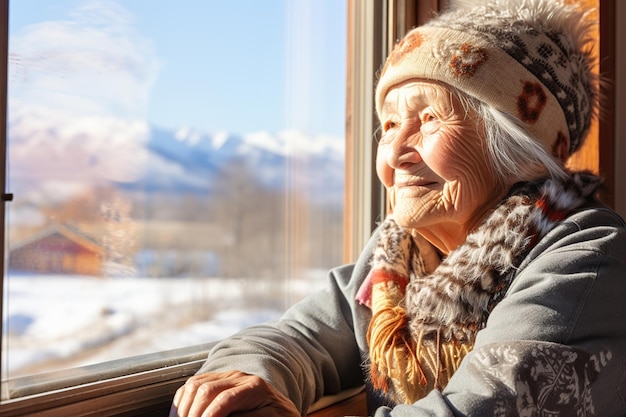 Stara kobieta wyglądająca zimą przez okno Wygenerowano sztuczną inteligencję