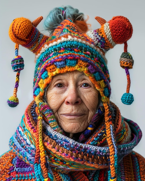 stara kobieta z kolorowym kapeluszem, który ma duży kolorowy szalik na nim