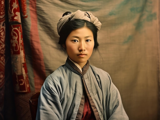 Stara kolorowa fotografia Azjatki z początku XX wieku