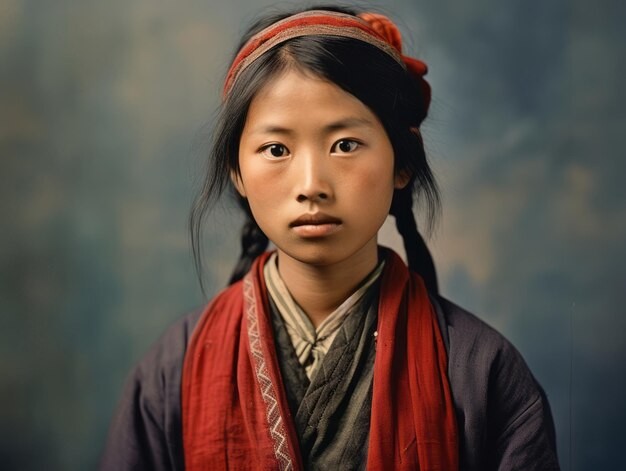 Stara kolorowa fotografia Azjatki z początku XX wieku