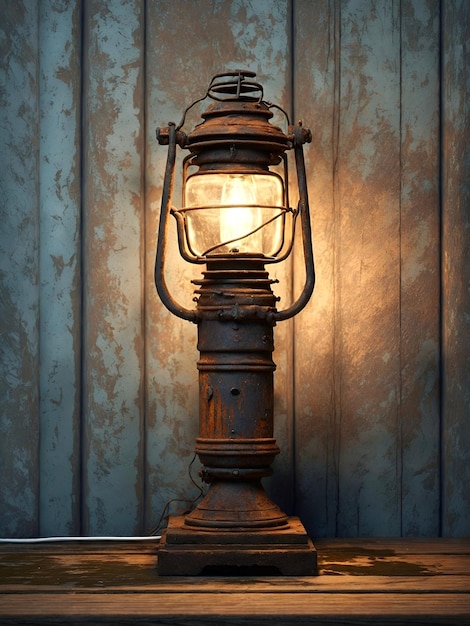 Stara latarnia siedzi na drewnianym stole.