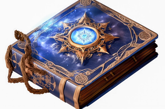 Stara magiczna książka z kompasem na białym tle