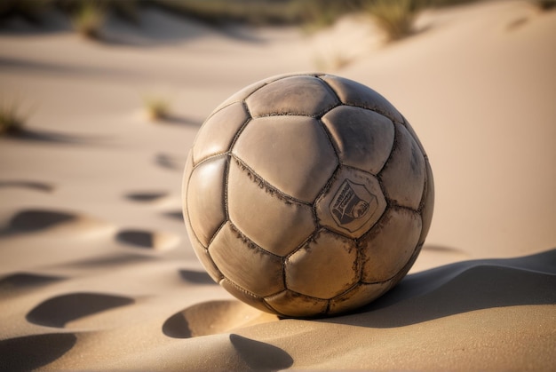 Stara piłka nożna leży opuszczona na piaszczystej plaży, zniszczona przez czas i zaniedbanie.