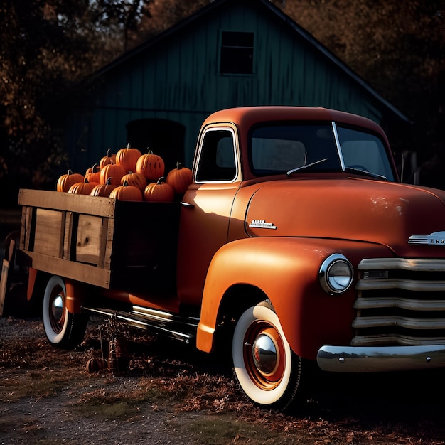 Stara pomarańczowa ciężarówka z dynią z tyłu.