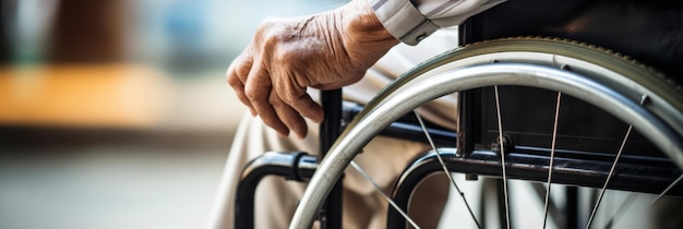 Zdjęcie stara ręka manewruje wózkiem inwalidzkim, poruszającym przypomnieniem o walce starszych z mobilnością.