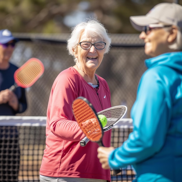 Stara, siwowłosa, uśmiechnięta kobieta grająca w tenisa.