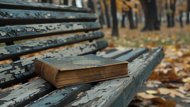 Zdjęcie stara skórzana książka siedzi na ławce w parku. książka jest otwarta, a wokół niej na ziemi leżą upadłe liście.