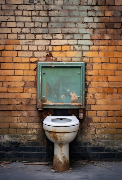 stara toaleta na dziedzińcu obok ceglanego muru