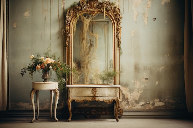 Stare, antyczne złote lustro wiszące w pokoju vintage