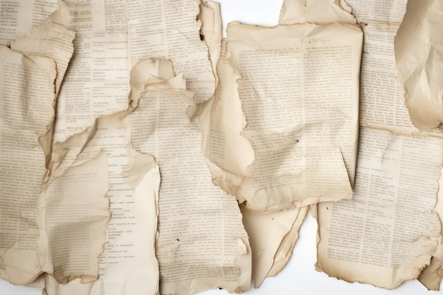 Stare arkusze papieru używane strony książek rozdarte krawędzie białe tło ai generowane