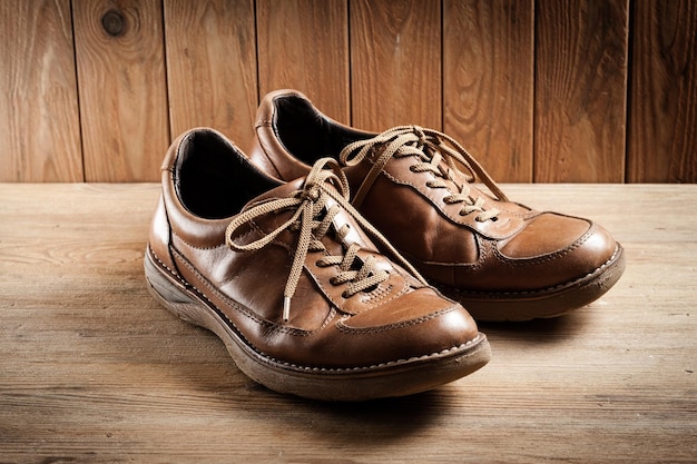 Stare brązowe skórzane buty dla mężczyzn na tle drewna