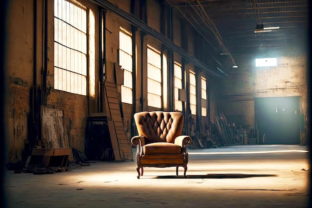 Stare brązowe skórzane krzesło w opuszczonej hali produkcyjnej