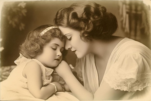 Stare czarno-białe zdjęcie matki i córki Generative AI