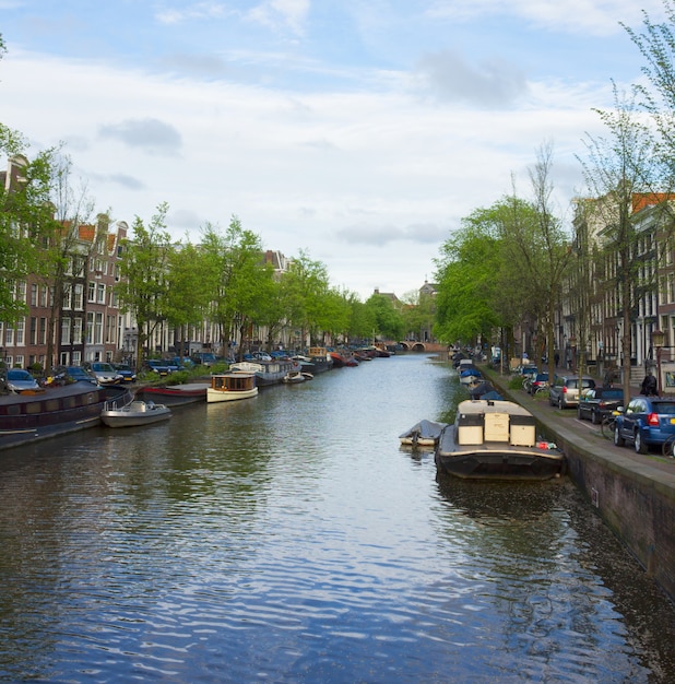 Stare domy na pierścieniu kanału Amsterdam, Holandia