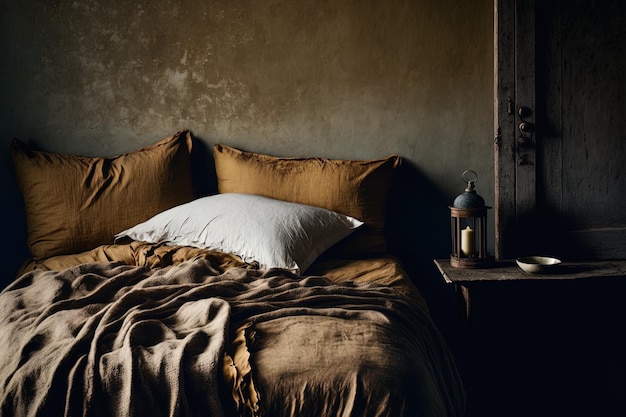 Stare grungy brązowe ściany, proste i wygodne łóżko oraz lniany koc