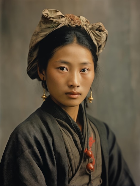 Stare kolorowe zdjęcie Azjatki z początku XX wieku