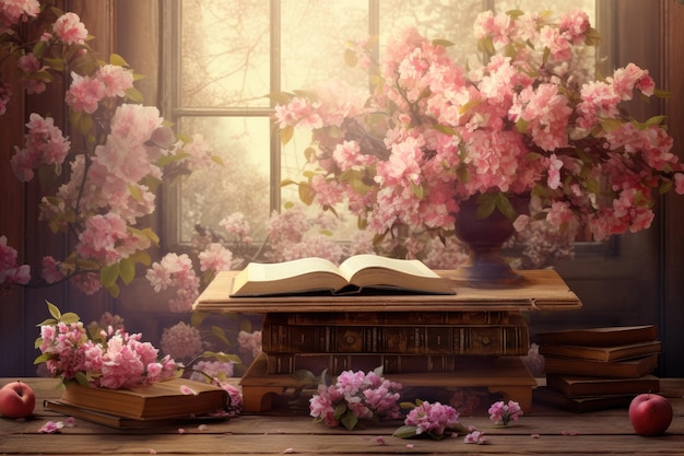 Stare książki i różowe kwiaty na drewnianym stole przed oknem kwiat jabłoni i tło książki AI Generated