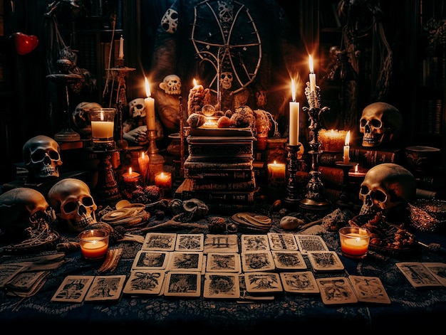 Stare książki, świece z czaszką, lustrzane karty tarota i runy. Mistyczne i zabytkowe tło Wygenerowane przez AI