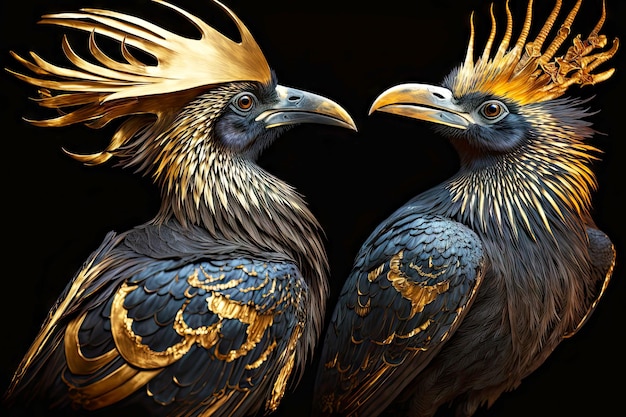 Stare majestatyczne ptaki królewskie ze złotym upierzeniem i długim dziobem na ciemnym tle generatywnego ai