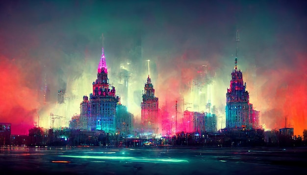 Stare miasto nocą wieże neony Ilustracja sztuki