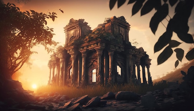 Stare orientalne ruiny świątyni w dżungli o zachodzie słońca starożytna architektura generatywna AI