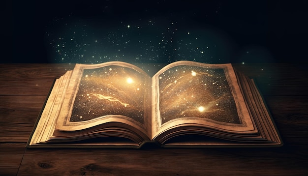 Stare otwarte książki na drewnianym stole na tle galaktyki