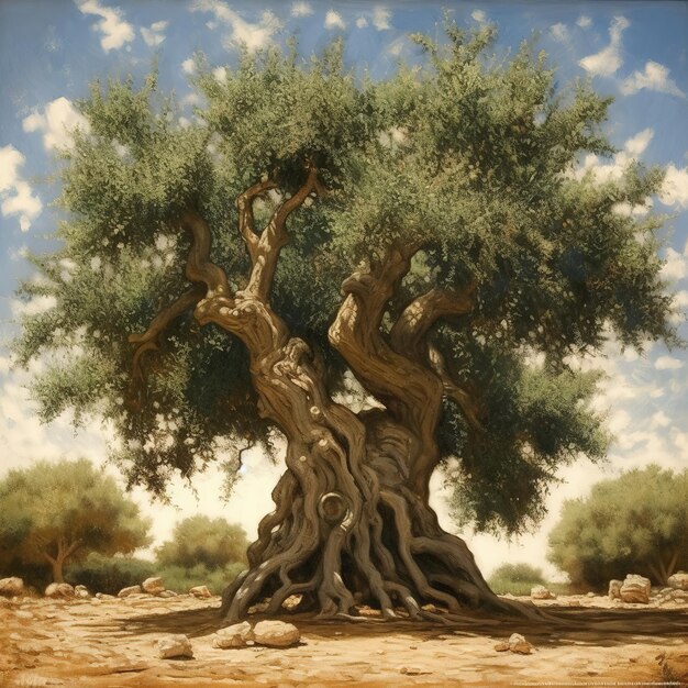 Stare starożytne drzewo oliwne w ogrodzie oliwnym na Morzu Śródziemnym