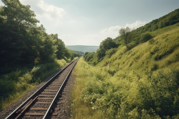 Stare tory kolejowe kręcące się między bujnymi zielonymi wzgórzami generatywne IA