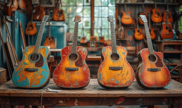 Stare używane gitary akustyczne w warsztacie Grupowanie gitar akustycznych na stole