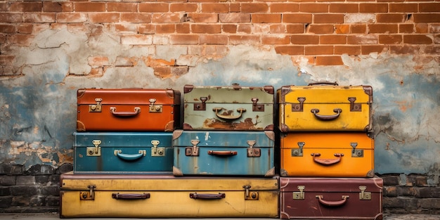 Zdjęcie stare walizki podróżnicze na ceglaną ścianę pełną opowieści.
