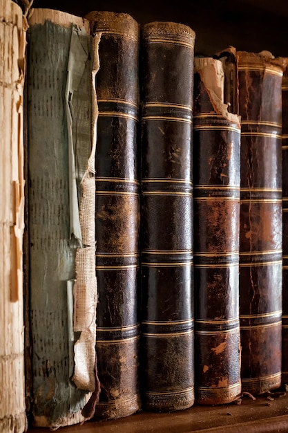 Stare zabytkowe książki stojące w rzędzie Półka biblioteczna na uczelni