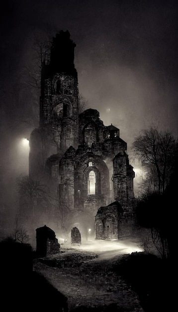 Stare zdjęcie z przerażającym cmentarzem i opuszczonymi ruinami kościoła Mistyczna ponura scena ilustracja 3D