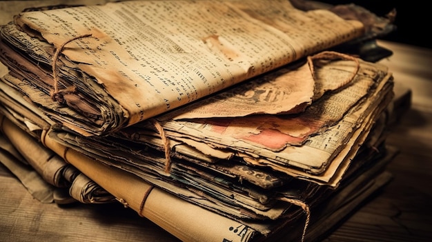 Stare zniszczone księgi lub zwoje historii spisane w średniowieczu lub wcześniejszym generatywnym ai