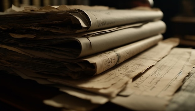 Staromodna gazeta zwinięta na antycznym drewnianym stole w pomieszczeniu wygenerowanym przez sztuczną inteligencję