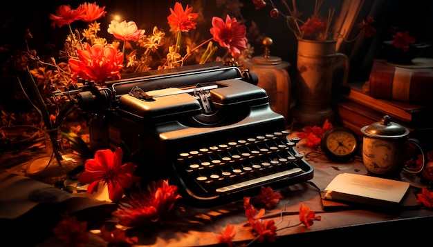 Staromodna maszyna do pisania na drewnianym stole symbol nostalgii i literatury generowanej przez sztuczną inteligencję