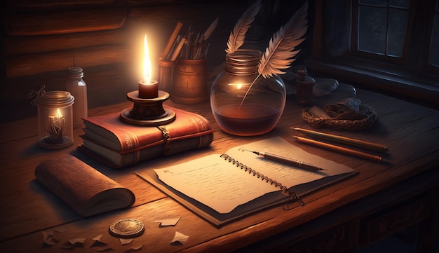 Staromodna świeca na drewnianym stole z generatywną sztuczną inteligencją literatury