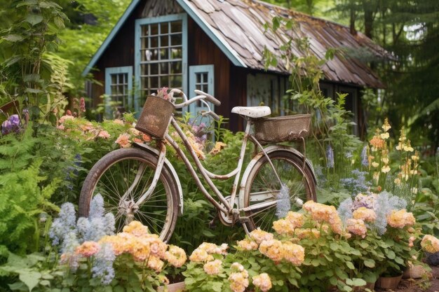 Zdjęcie staromodny rower otoczony kwiatami w ogrodzie stworzony za pomocą generatywnej sztucznej inteligencji