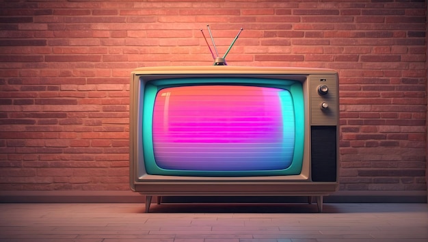 Zdjęcie staromodny telewizor siedzący na stojaku przed ceglaną ścianą