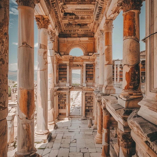 Starożytna biblioteka Celsusa z kolumnami i oknem