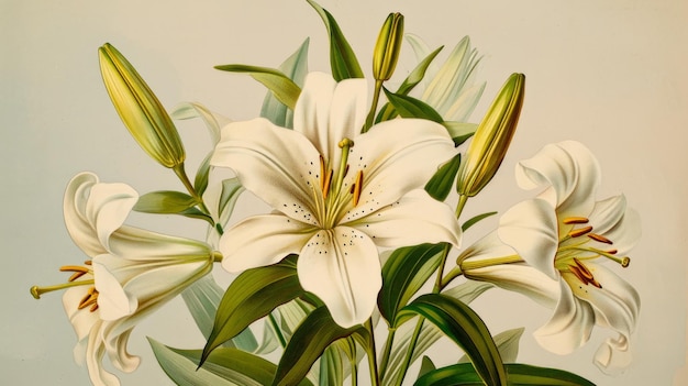 Zdjęcie starożytna chromolitografa przedstawia sztukę botaniczną przedstawiającą madonna lily lub lilium candidum