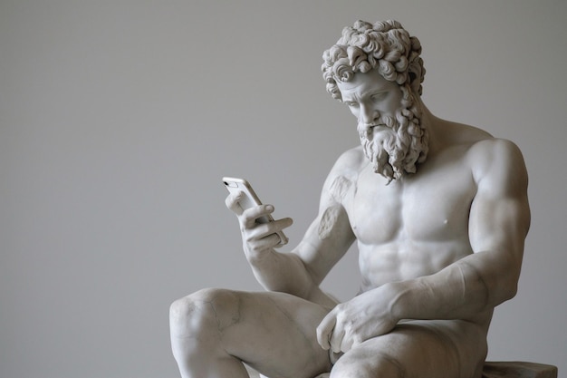 Starożytna grecka rzeźba boga z smartfonem Posąg bohatera przewijającego się w mediach społecznościowych Doomscrolling zdrowia psychicznego cyfrowego dobrego samopoczucia koncepcja utraty czasu Złe nawyki czytania wiadomości