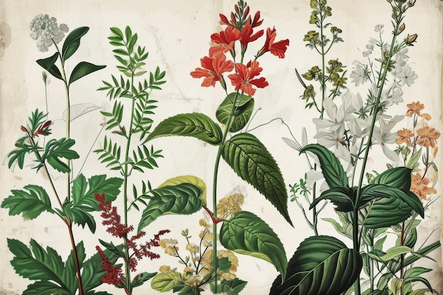 Starożytna ilustracja botaniczna z różnymi rodzajami gatunków roślin wygenerowanych przez AI