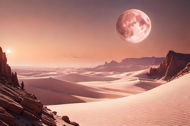 Zdjęcie starożytna ilustracja mglistej fioletowej pustyni z gigantycznym księżycem