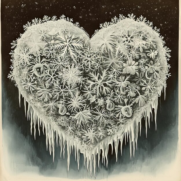 Starożytna ilustracja serca na Walentynki złożonego z krystalicznych lodów i płatków śniegu a zimy obejmują zamarznięte w delikatnych konturach mrozu v 6 Job ID 1b69d93ffb0c4bc2881c6bc991e2995c