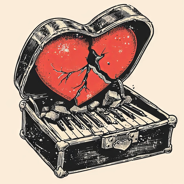 Starożytna ilustracja złamanego serca na Święto Walentynek rozbite jak pęknięta pudełko muzyczne grające żałosną melodię piosenki miłosnej teraz wyciszonej v 6 Job ID b951fd54eb114d478ccccf4e9e5e6841