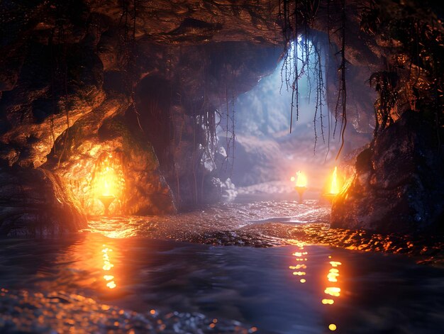 Zdjęcie starożytna jaskinia oświetlona mistycznym ogniem ai generated